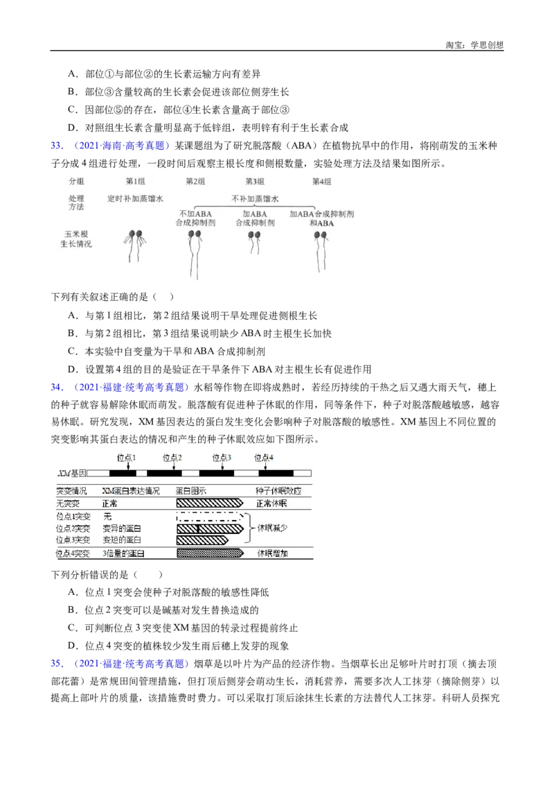 专题15植物激素的调节-好题汇编十年（2015-2024）高考生物真题分类汇编（全国通用）（原卷版）_生物真题汇总_十年（2014-2024）高考生物真题分项汇编（全国通用）