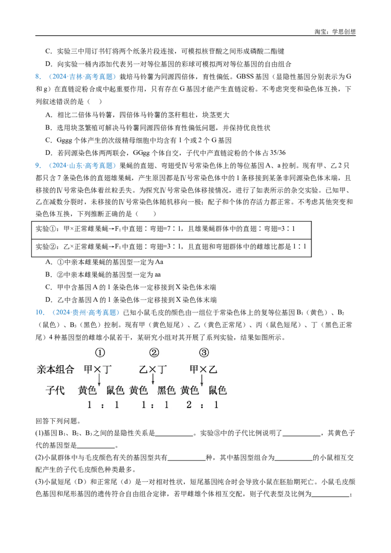 专题11基因的分离定律-好题汇编十年（2015-2024）高考生物真题分类汇编（全国通用）（原卷版）_生物真题汇总_十年（2014-2024）高考生物真题分项汇编（全国通用）