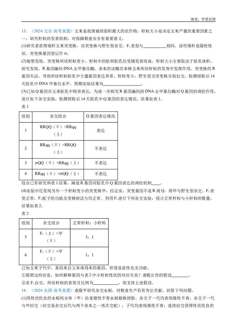 专题11基因的分离定律-好题汇编十年（2015-2024）高考生物真题分类汇编（全国通用）（原卷版）_生物真题汇总_十年（2014-2024）高考生物真题分项汇编（全国通用）