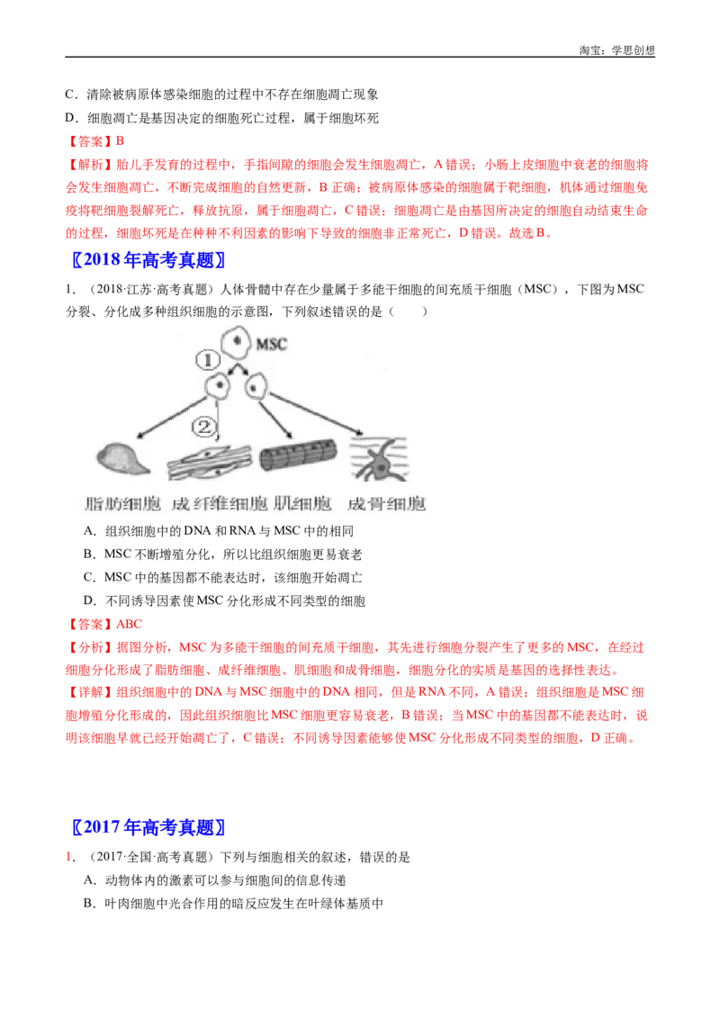 专题09细胞的分化、衰老、凋亡及癌变-好题汇编十年（2015-2024）高考生物真题分项汇编（全国通用）（解析版）_生物真题汇总_十年（2014-2024）高考生物真题分项汇编（全国通用）