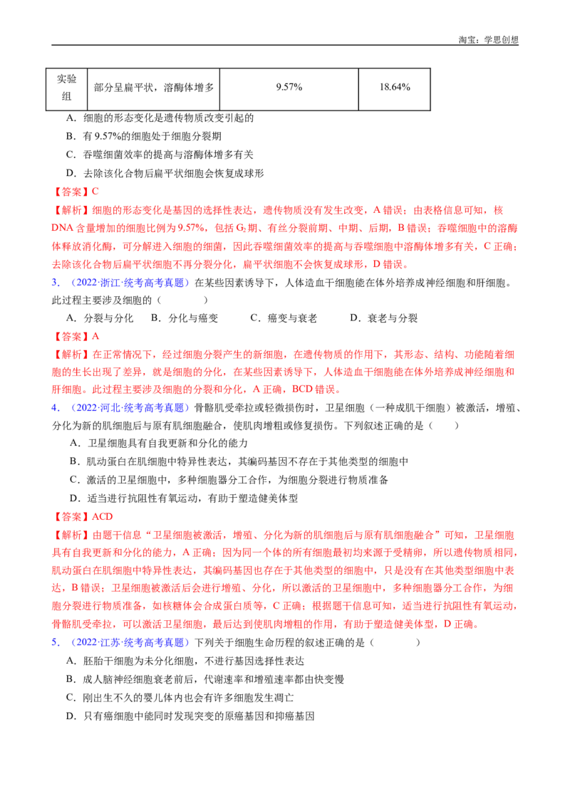 专题09细胞的分化、衰老、凋亡及癌变-好题汇编十年（2015-2024）高考生物真题分项汇编（全国通用）（解析版）_生物真题汇总_十年（2014-2024）高考生物真题分项汇编（全国通用）
