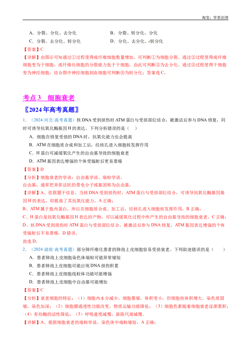 专题09细胞的分化、衰老、凋亡及癌变-好题汇编十年（2015-2024）高考生物真题分项汇编（全国通用）（解析版）_生物真题汇总_十年（2014-2024）高考生物真题分项汇编（全国通用）