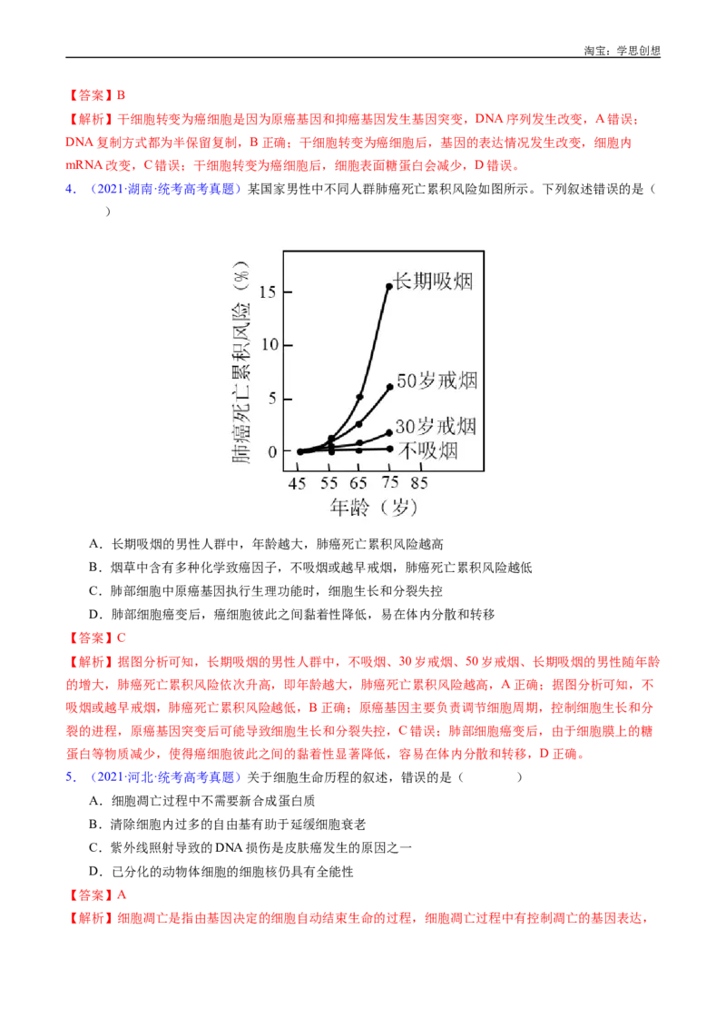 专题09细胞的分化、衰老、凋亡及癌变-好题汇编十年（2015-2024）高考生物真题分项汇编（全国通用）（解析版）_生物真题汇总_十年（2014-2024）高考生物真题分项汇编（全国通用）