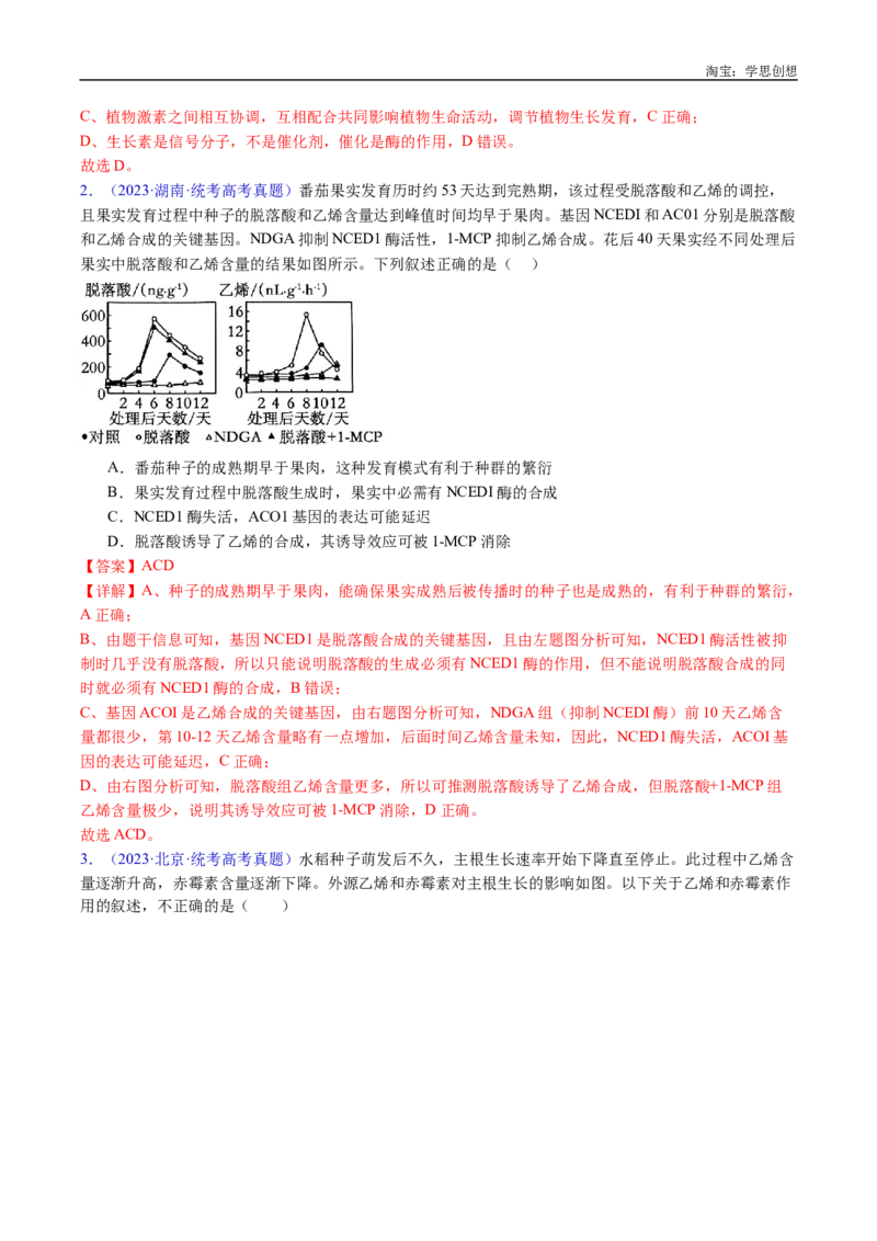 专题15植物激素的调节-好题汇编十年（2015-2024）高考生物真题分类汇编（全国通用）（解析版）_生物真题汇总_十年（2014-2024）高考生物真题分项汇编（全国通用）