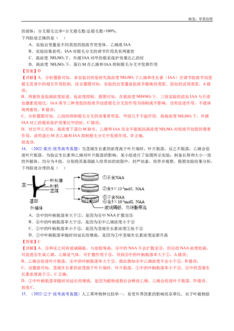 专题15植物激素的调节-好题汇编十年（2015-2024）高考生物真题分类汇编（全国通用）（解析版）_生物真题汇总_十年（2014-2024）高考生物真题分项汇编（全国通用）