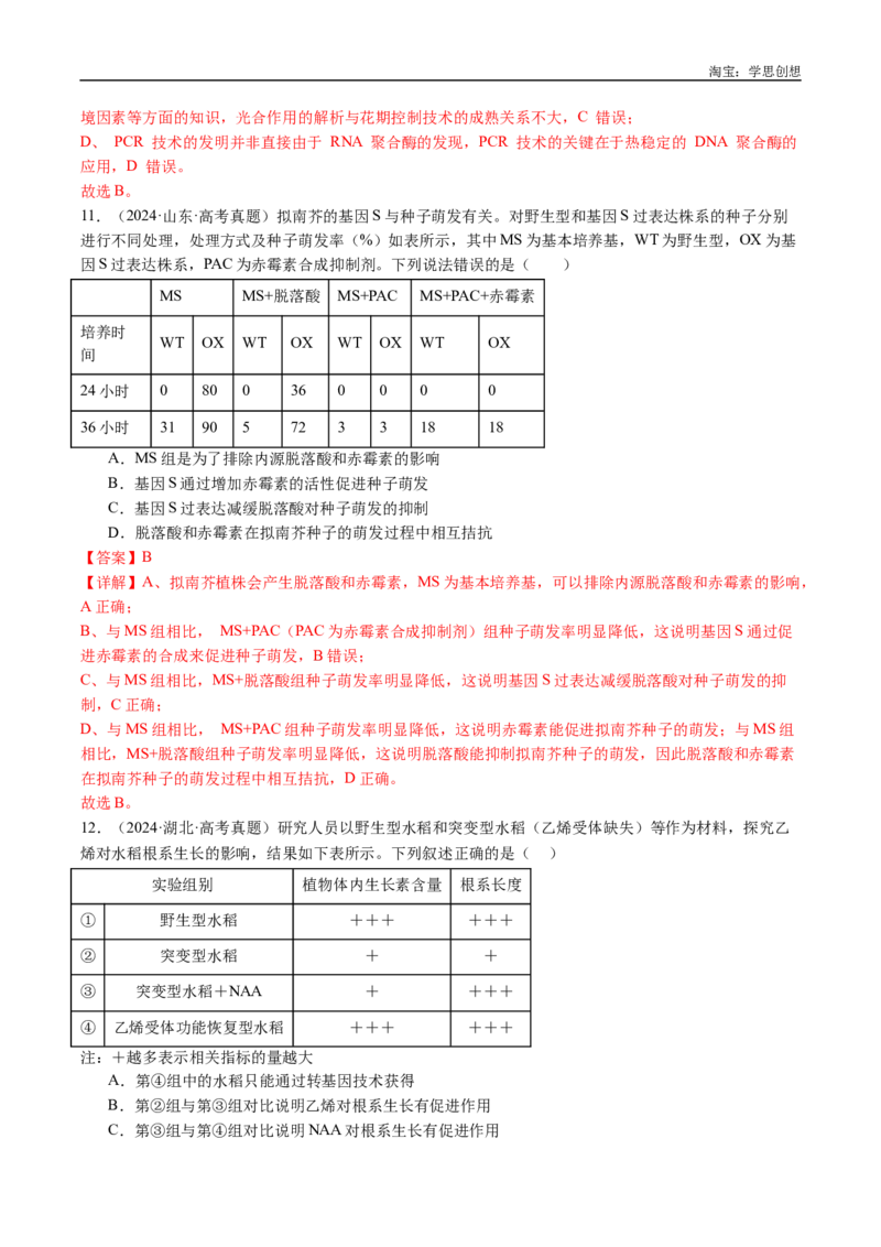 专题15植物激素的调节-好题汇编十年（2015-2024）高考生物真题分类汇编（全国通用）（解析版）_生物真题汇总_十年（2014-2024）高考生物真题分项汇编（全国通用）