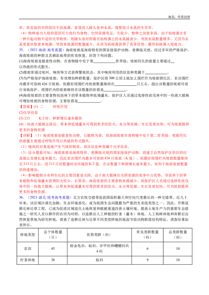 专题21种群和群落-好题汇编十年（2015-2024）高考生物真题分类汇编（全国通用）（解析版）_生物真题汇总_十年（2014-2024）高考生物真题分项汇编（全国通用）