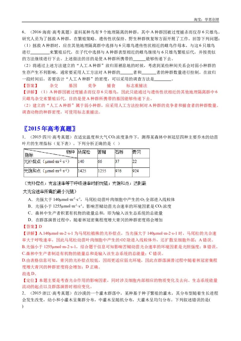 专题21种群和群落-好题汇编十年（2015-2024）高考生物真题分类汇编（全国通用）（解析版）_生物真题汇总_十年（2014-2024）高考生物真题分项汇编（全国通用）