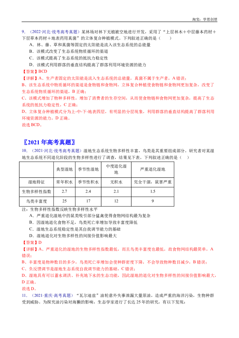 专题22生态系统和环境保护-好题汇编十年（2015-2024）高考生物真题分类汇编（全国通用）（解析版）_生物真题汇总_十年（2014-2024）高考生物真题分项汇编（全国通用）