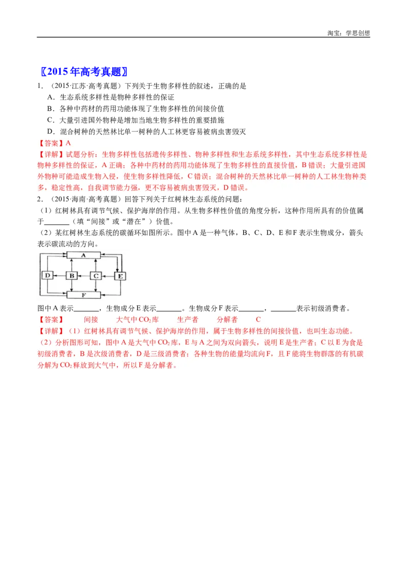 专题22生态系统和环境保护-好题汇编十年（2015-2024）高考生物真题分类汇编（全国通用）（解析版）_生物真题汇总_十年（2014-2024）高考生物真题分项汇编（全国通用）