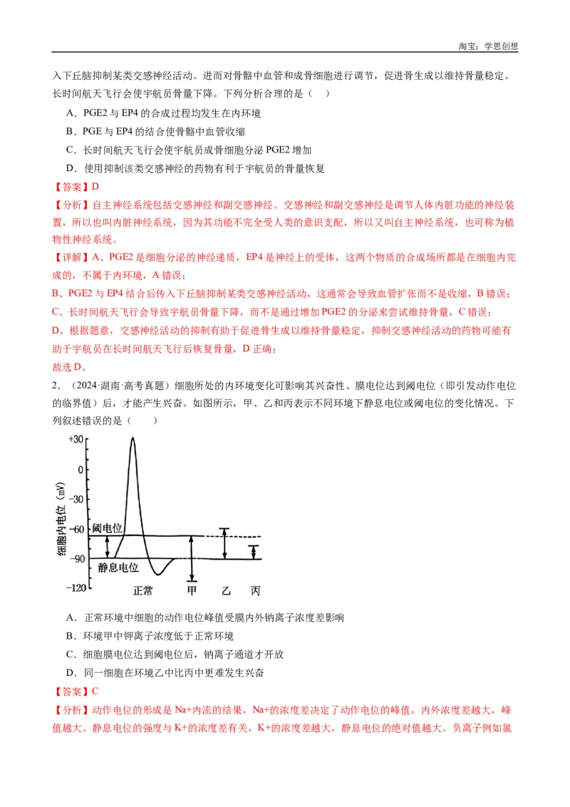 专题20动物生命活动的调节-好题汇编十年（2015-2024）高考生物真题分类汇编（全国通用）（解析版）_生物真题汇总_十年（2014-2024）高考生物真题分项汇编（全国通用）