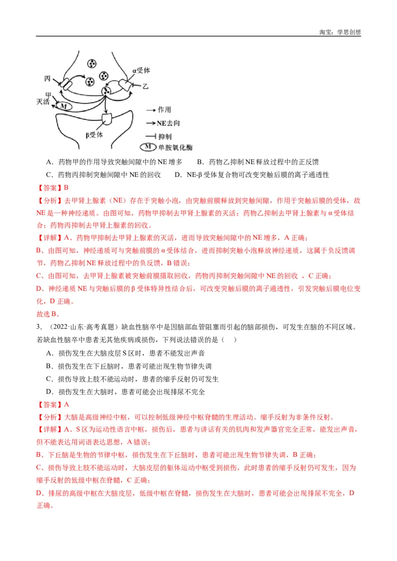 专题20动物生命活动的调节-好题汇编十年（2015-2024）高考生物真题分类汇编（全国通用）（解析版）_生物真题汇总_十年（2014-2024）高考生物真题分项汇编（全国通用）