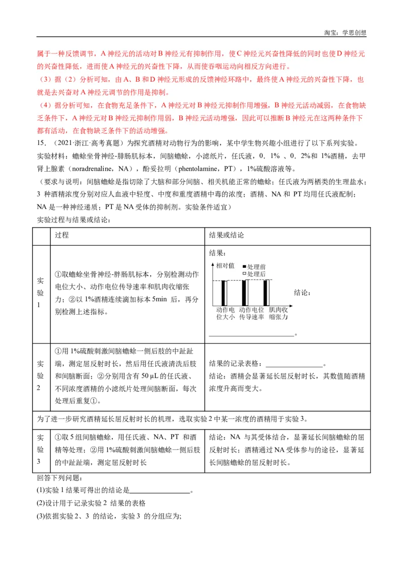 专题20动物生命活动的调节-好题汇编十年（2015-2024）高考生物真题分类汇编（全国通用）（解析版）_生物真题汇总_十年（2014-2024）高考生物真题分项汇编（全国通用）