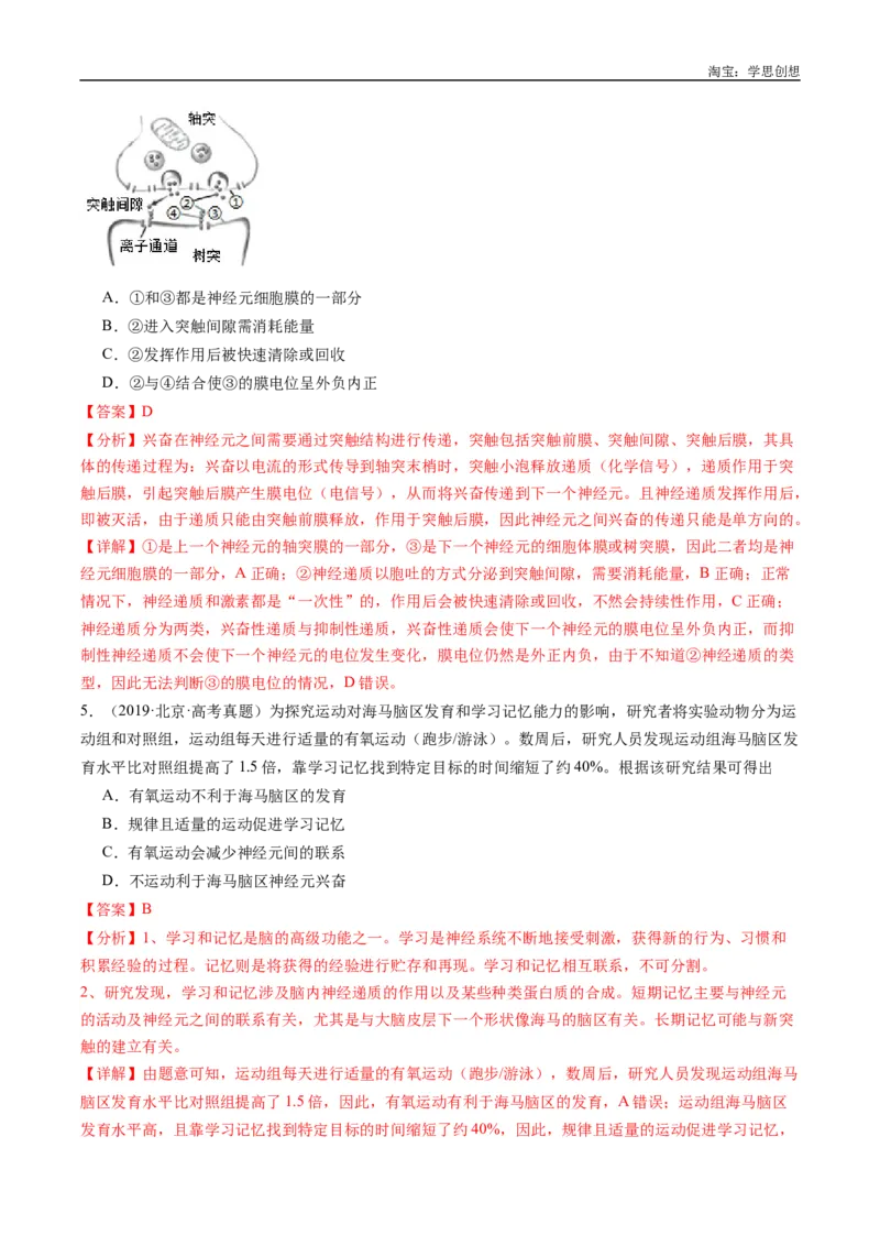 专题20动物生命活动的调节-好题汇编十年（2015-2024）高考生物真题分类汇编（全国通用）（解析版）_生物真题汇总_十年（2014-2024）高考生物真题分项汇编（全国通用）