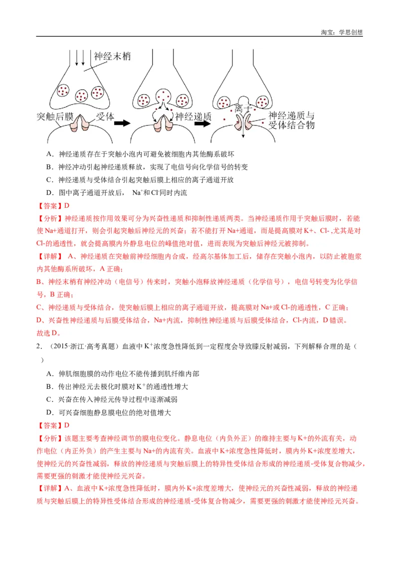 专题20动物生命活动的调节-好题汇编十年（2015-2024）高考生物真题分类汇编（全国通用）（解析版）_生物真题汇总_十年（2014-2024）高考生物真题分项汇编（全国通用）