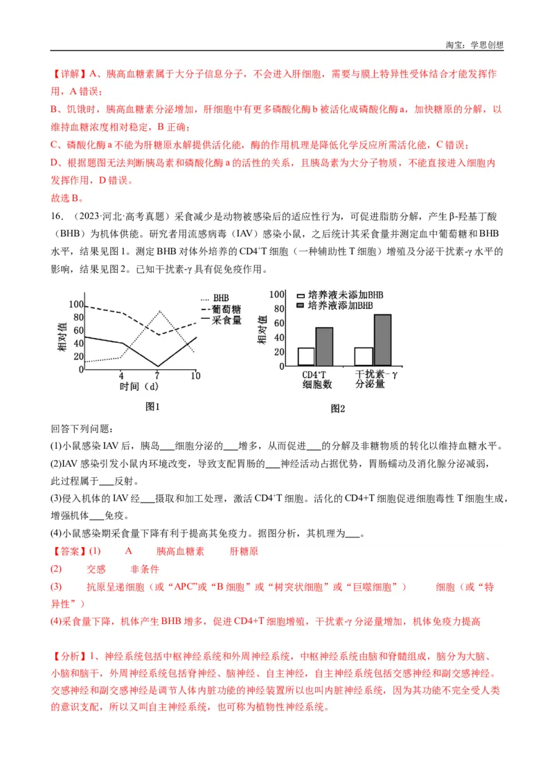 专题20动物生命活动的调节-好题汇编十年（2015-2024）高考生物真题分类汇编（全国通用）（解析版）_生物真题汇总_十年（2014-2024）高考生物真题分项汇编（全国通用）