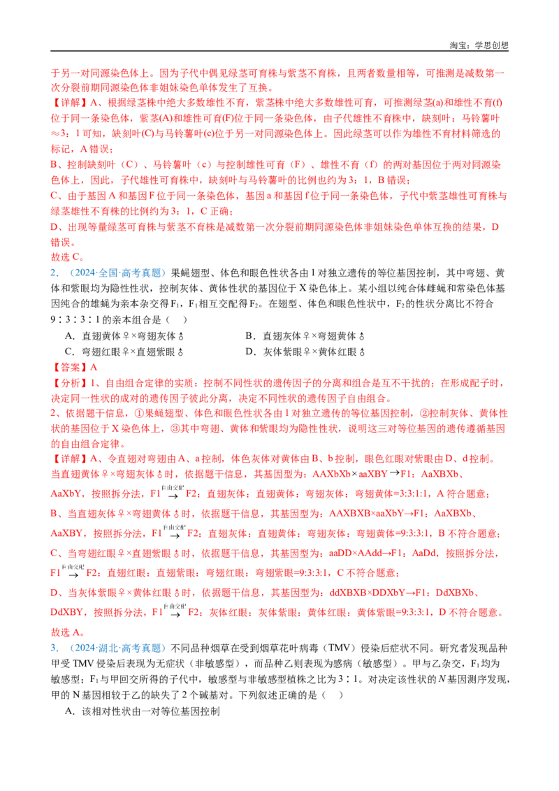 专题12基因的自由组合定律-好题汇编十年（2015-2024）高考生物真题分类汇编（全国通用）（解析版）_生物真题汇总_十年（2014-2024）高考生物真题分项汇编（全国通用）