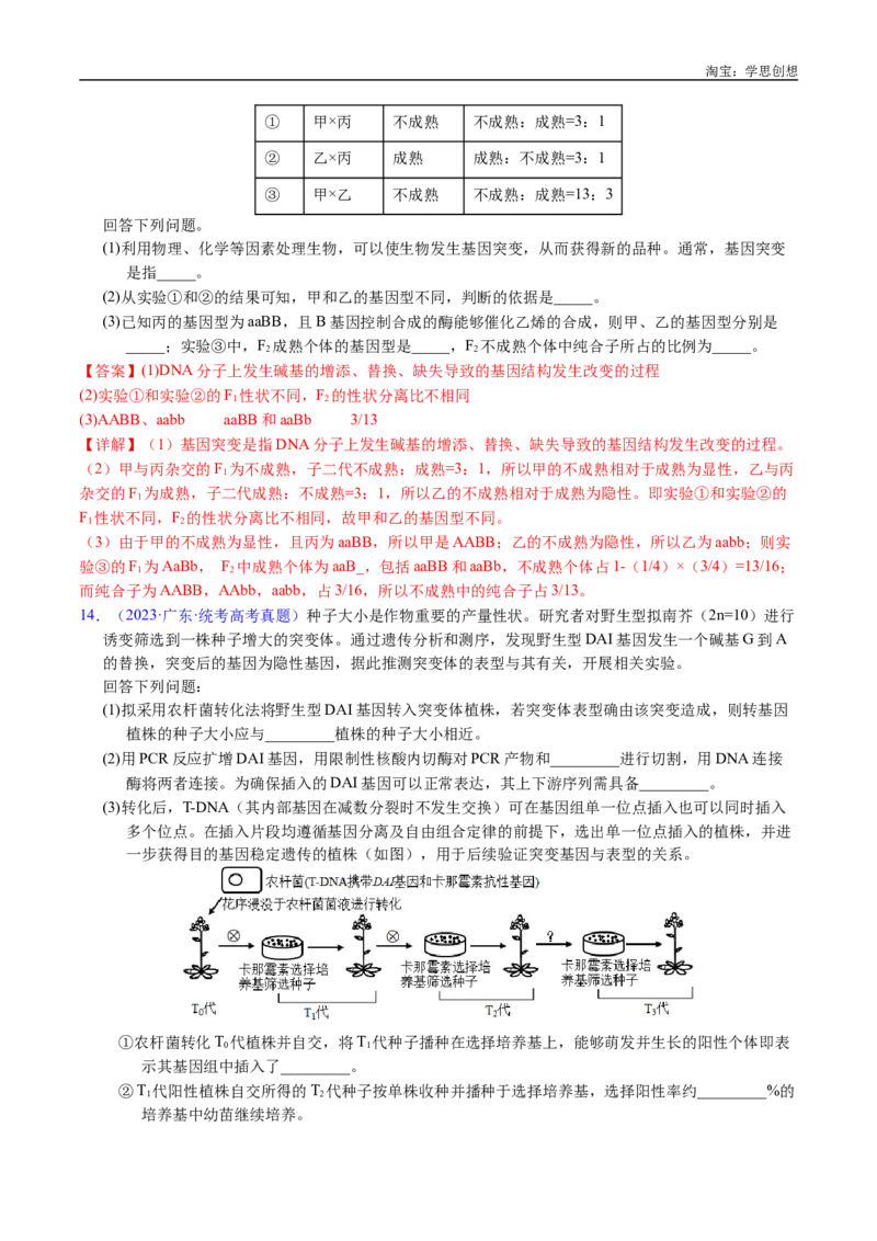 专题12基因的自由组合定律-好题汇编十年（2015-2024）高考生物真题分类汇编（全国通用）（解析版）_生物真题汇总_十年（2014-2024）高考生物真题分项汇编（全国通用）