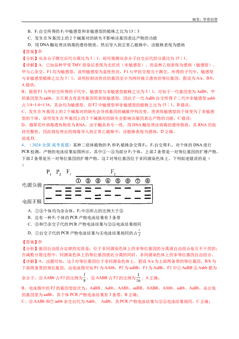 专题12基因的自由组合定律-好题汇编十年（2015-2024）高考生物真题分类汇编（全国通用）（解析版）_生物真题汇总_十年（2014-2024）高考生物真题分项汇编（全国通用）