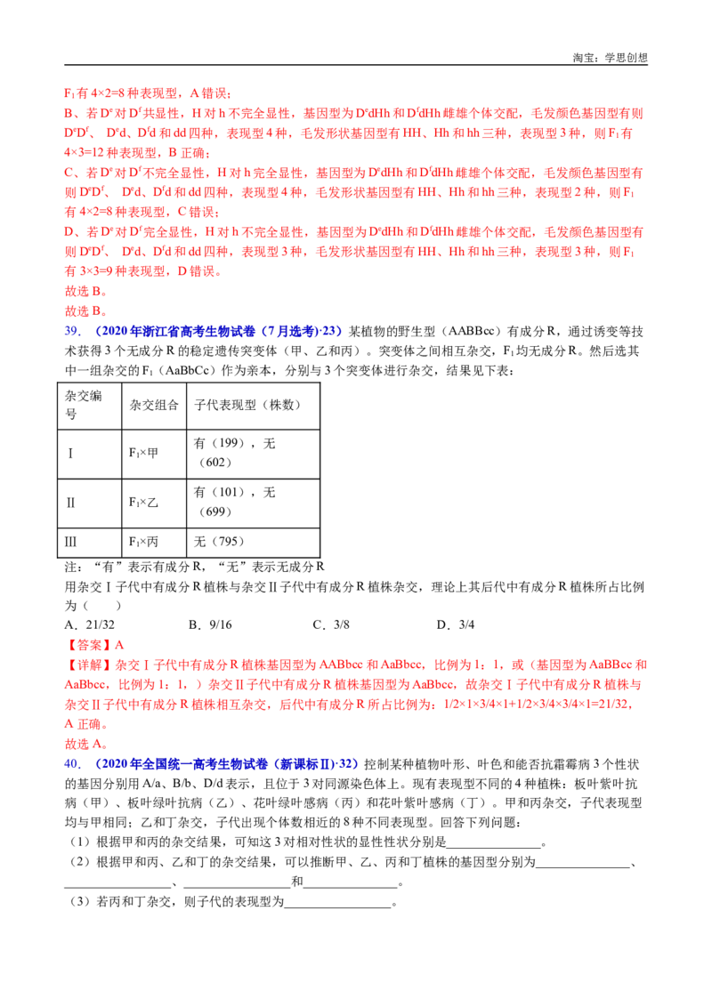 专题12基因的自由组合定律-好题汇编十年（2015-2024）高考生物真题分类汇编（全国通用）（解析版）_生物真题汇总_十年（2014-2024）高考生物真题分项汇编（全国通用）