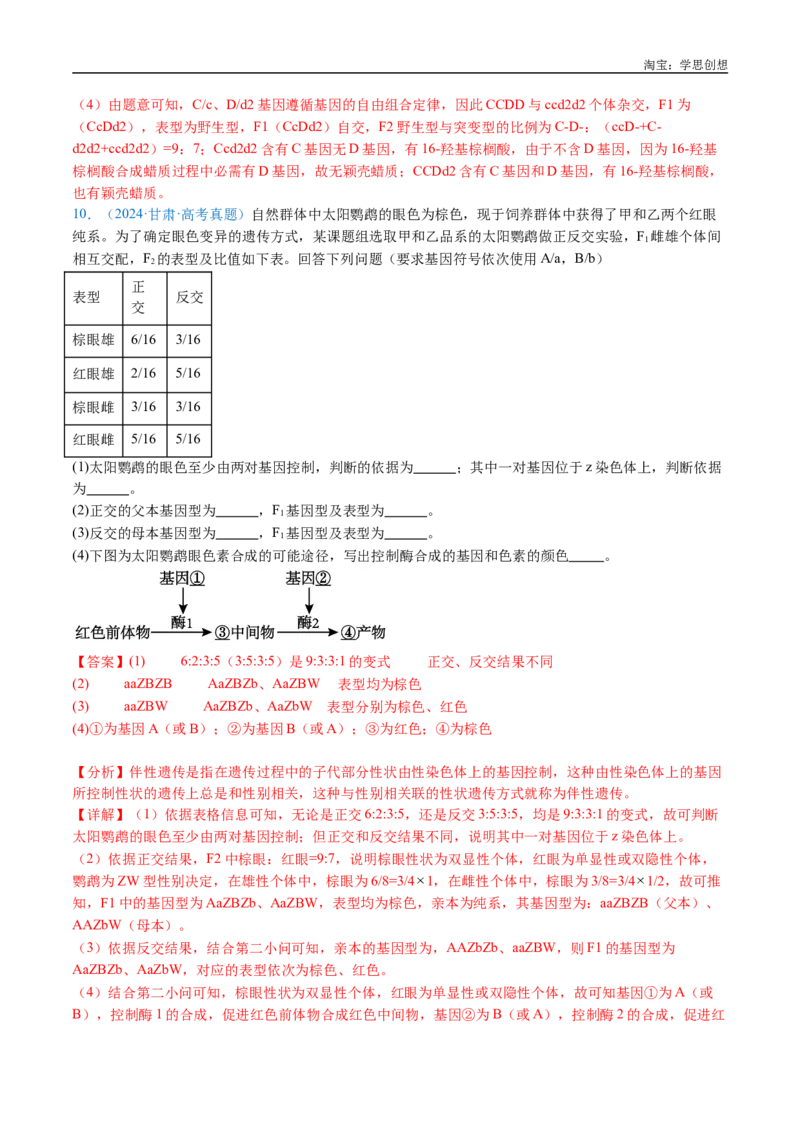专题12基因的自由组合定律-好题汇编十年（2015-2024）高考生物真题分类汇编（全国通用）（解析版）_生物真题汇总_十年（2014-2024）高考生物真题分项汇编（全国通用）