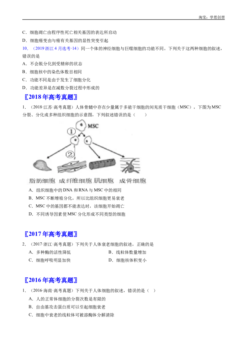专题09细胞的分化、衰老、凋亡及癌变-好题汇编十年（2015-2024）高考生物真题分项汇编（全国通用）（原卷版）_生物真题汇总_十年（2014-2024）高考生物真题分项汇编（全国通用）