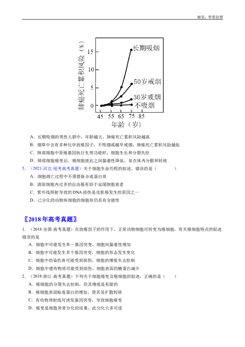 专题09细胞的分化、衰老、凋亡及癌变-好题汇编十年（2015-2024）高考生物真题分项汇编（全国通用）（原卷版）_生物真题汇总_十年（2014-2024）高考生物真题分项汇编（全国通用）