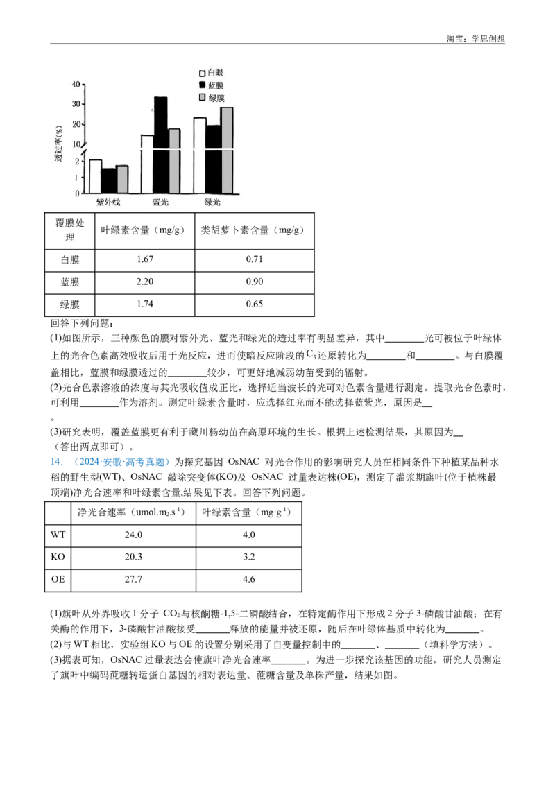 专题06光合作用-好题汇编十年（2015-2024）高考生物真题分类汇编（全国通用）（原卷版）_生物真题汇总_十年（2014-2024）高考生物真题分项汇编（全国通用）