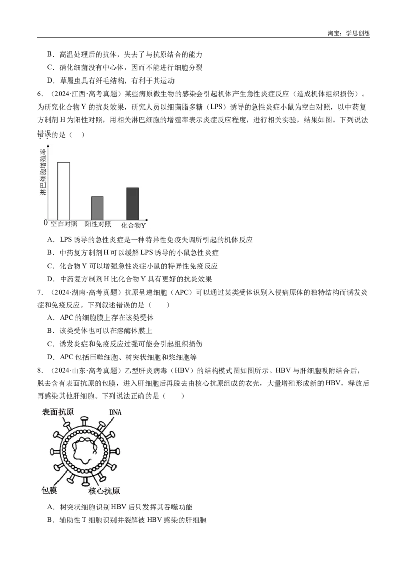 专题19免疫调节-好题汇编十年（2015-2024）高考生物真题分类汇编（全国通用）（原卷版）_生物真题汇总_十年（2014-2024）高考生物真题分项汇编（全国通用）