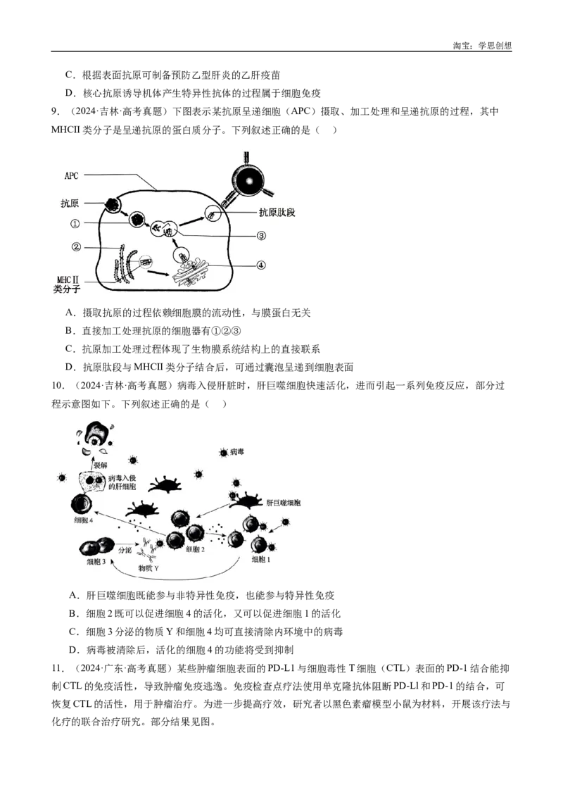 专题19免疫调节-好题汇编十年（2015-2024）高考生物真题分类汇编（全国通用）（原卷版）_生物真题汇总_十年（2014-2024）高考生物真题分项汇编（全国通用）