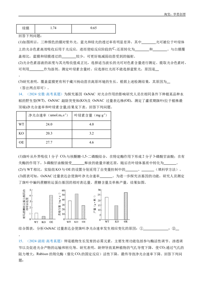 专题07细胞代谢的综合-好题汇编十年（2015-2024）高考生物真题分类汇编（全国通用）（原卷版）_生物真题汇总_十年（2014-2024）高考生物真题分项汇编（全国通用）