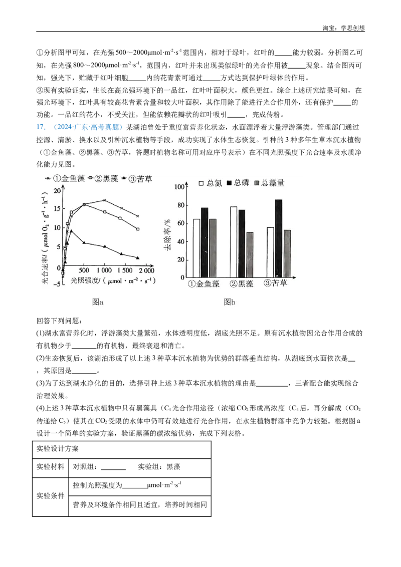 专题07细胞代谢的综合-好题汇编十年（2015-2024）高考生物真题分类汇编（全国通用）（原卷版）_生物真题汇总_十年（2014-2024）高考生物真题分项汇编（全国通用）