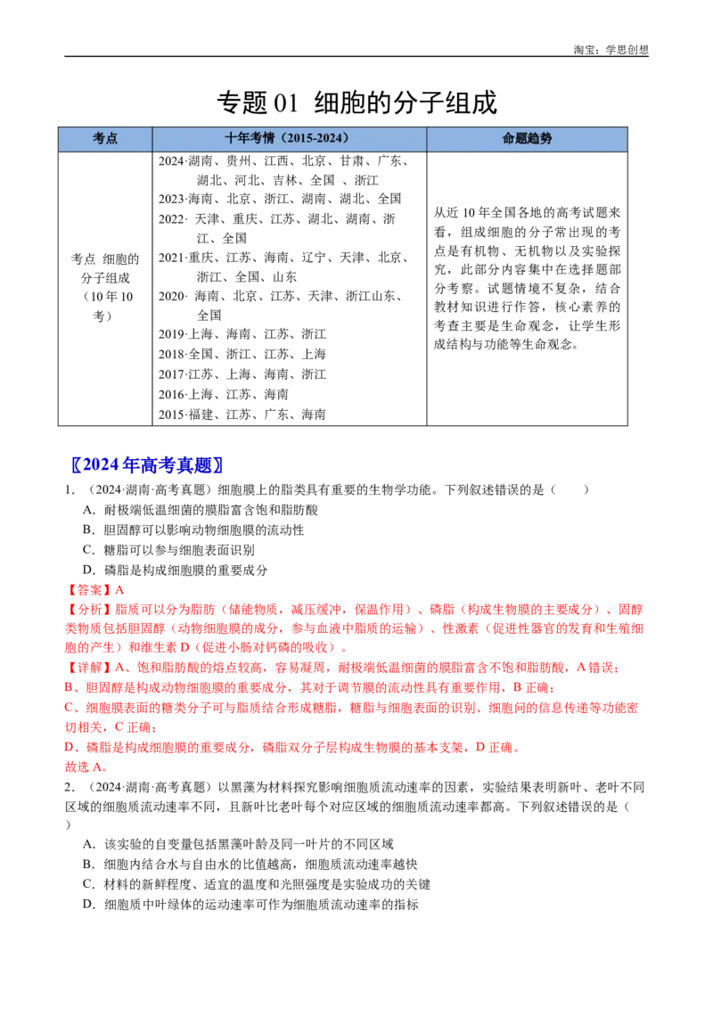 专题01细胞的分子组成（解析版）_生物真题汇总_十年（2014-2024）高考生物真题分项汇编（全国通用）_十年（2015-2024）高考生物真题分项汇编（全国通用）
