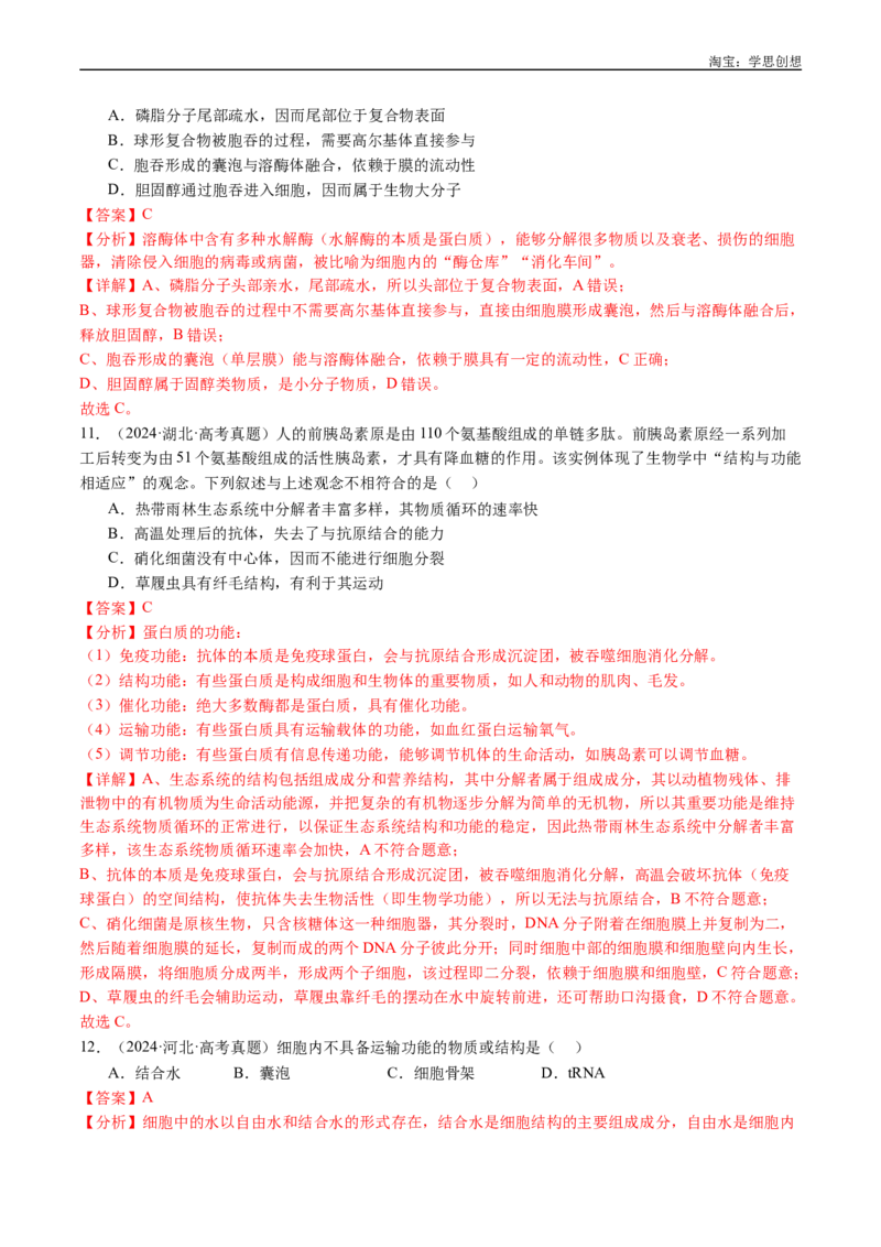 专题01细胞的分子组成（解析版）_生物真题汇总_十年（2014-2024）高考生物真题分项汇编（全国通用）_十年（2015-2024）高考生物真题分项汇编（全国通用）