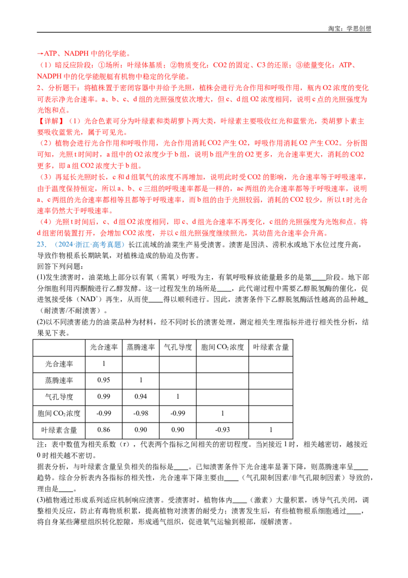 专题07细胞代谢的综合-好题汇编十年（2015-2024）高考生物真题分类汇编（全国通用）（解析版）_生物真题汇总_十年（2014-2024）高考生物真题分项汇编（全国通用）