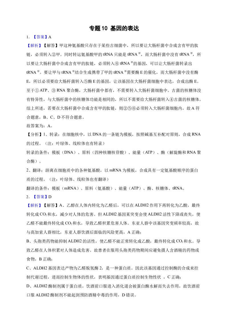 专题10基因的表达（答案解析）_生物真题汇总_&radic;近三年（2023-2025）高考生物真题分专项精编_答案解析