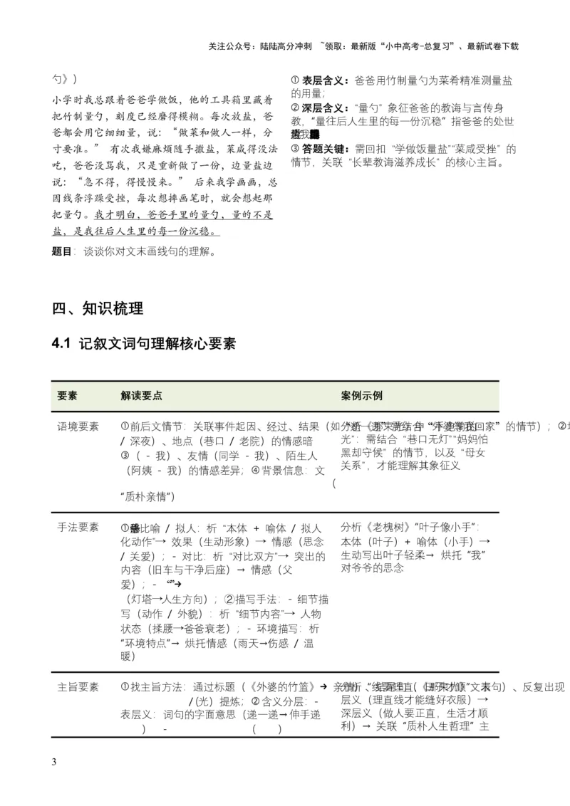 2026年全国中考语文一轮复习讲义：记叙文词句理解（全国适用）（原卷）_02中考总复习（2026版更新中）_01-语文-中考总复习_2026年中考复习（更新中）_2026年全国中考语文一轮复习讲义