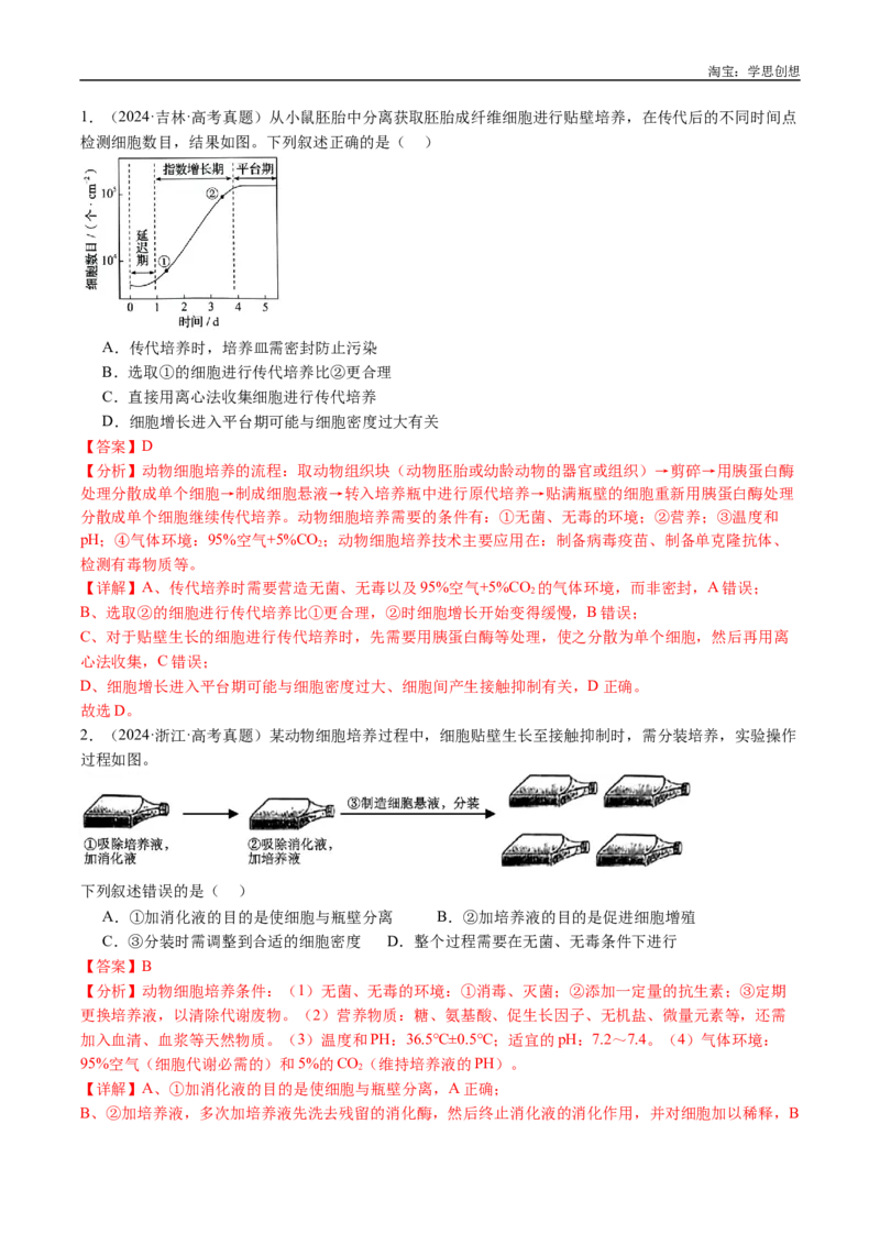 专题24细胞工程与胚胎工程-好题汇编十年（2015-2024）高考生物真题分类汇编（全国通用）（解析版）_生物真题汇总_十年（2014-2024）高考生物真题分项汇编（全国通用）