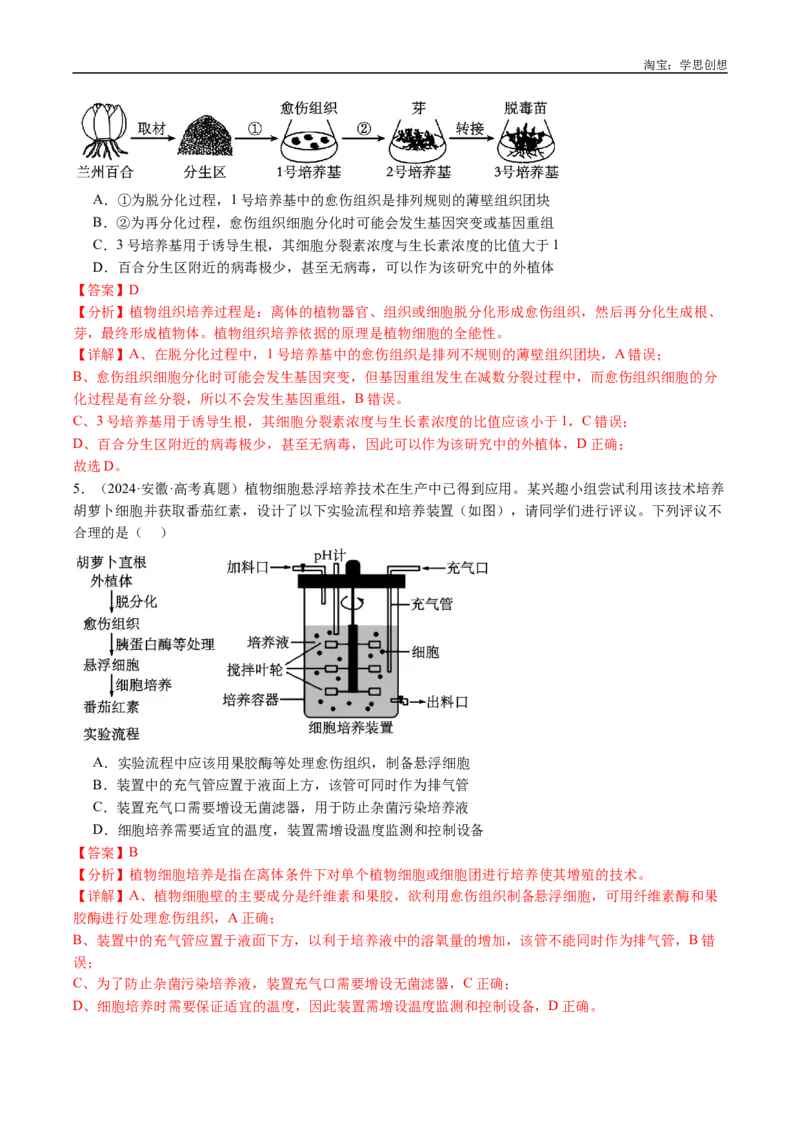 专题24细胞工程与胚胎工程-好题汇编十年（2015-2024）高考生物真题分类汇编（全国通用）（解析版）_生物真题汇总_十年（2014-2024）高考生物真题分项汇编（全国通用）