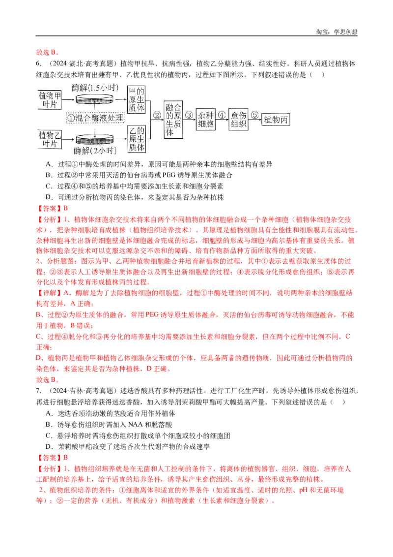 专题24细胞工程与胚胎工程-好题汇编十年（2015-2024）高考生物真题分类汇编（全国通用）（解析版）_生物真题汇总_十年（2014-2024）高考生物真题分项汇编（全国通用）