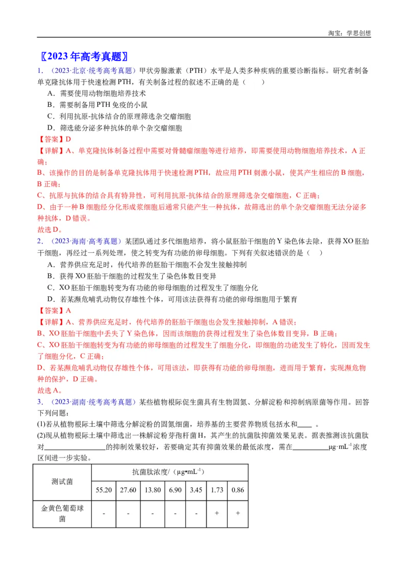 专题24细胞工程与胚胎工程-好题汇编十年（2015-2024）高考生物真题分类汇编（全国通用）（解析版）_生物真题汇总_十年（2014-2024）高考生物真题分项汇编（全国通用）