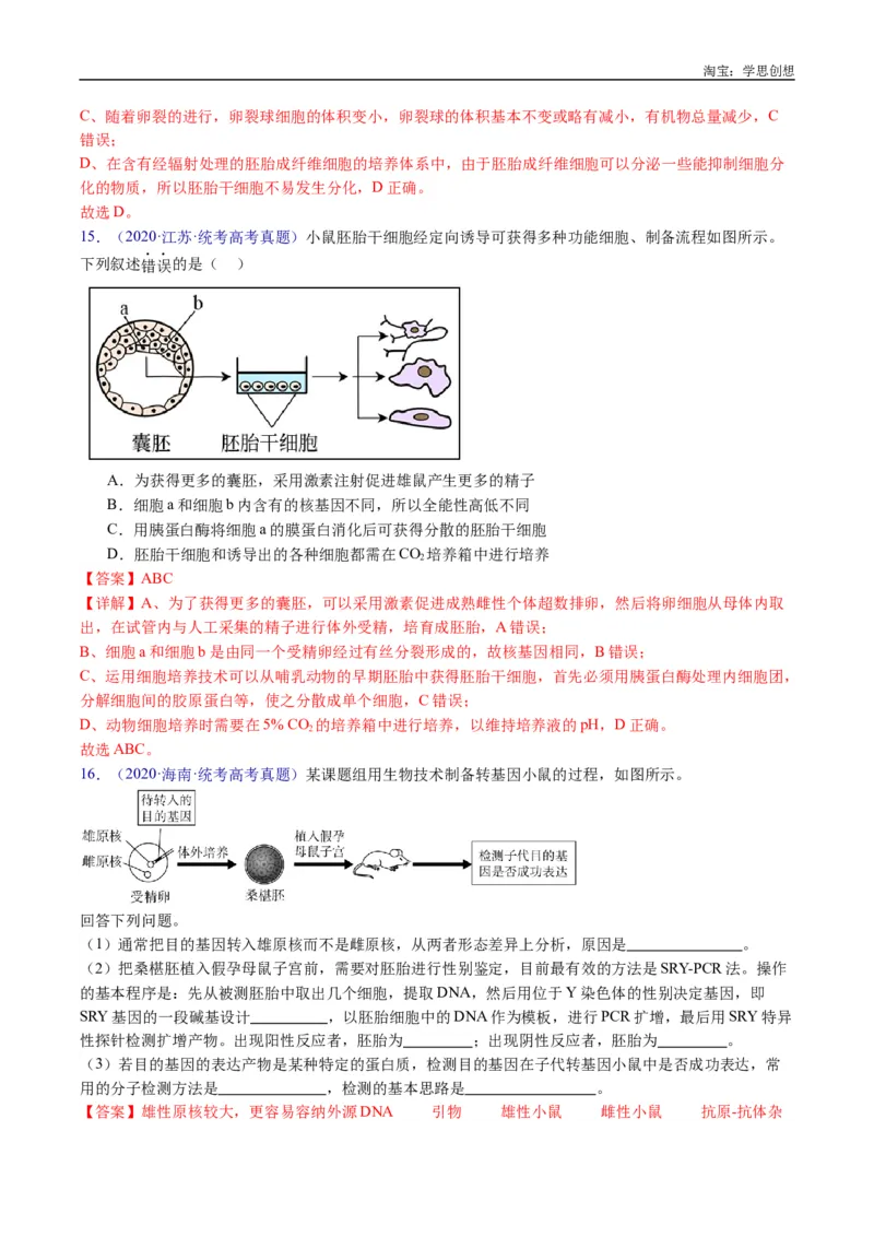 专题24细胞工程与胚胎工程-好题汇编十年（2015-2024）高考生物真题分类汇编（全国通用）（解析版）_生物真题汇总_十年（2014-2024）高考生物真题分项汇编（全国通用）
