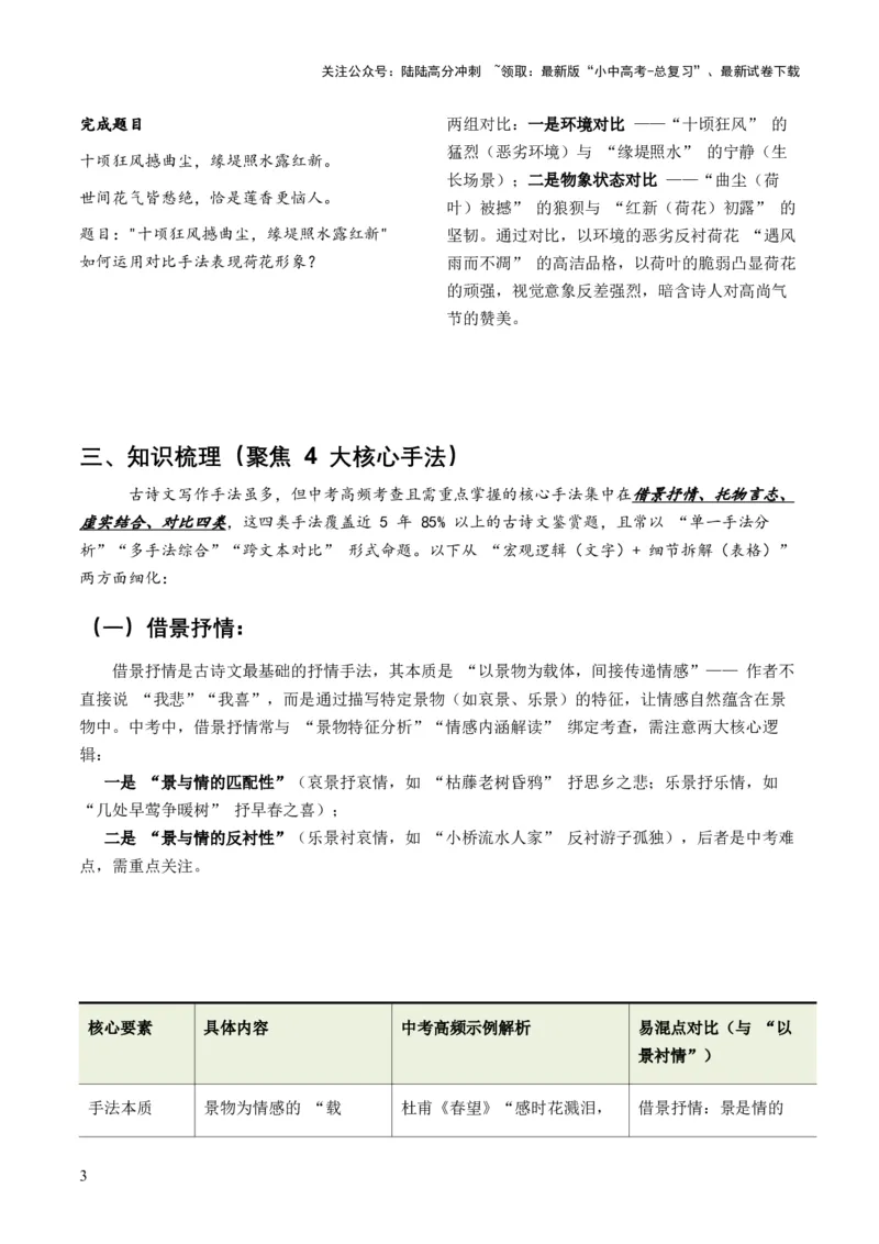 2026年全国中考语文一轮复习讲义：古诗文阅读之分析写作手法（全国适用）（含答案解析）_02中考总复习（2026版更新中）_01-语文-中考总复习_2026年中考复习（更新中）
