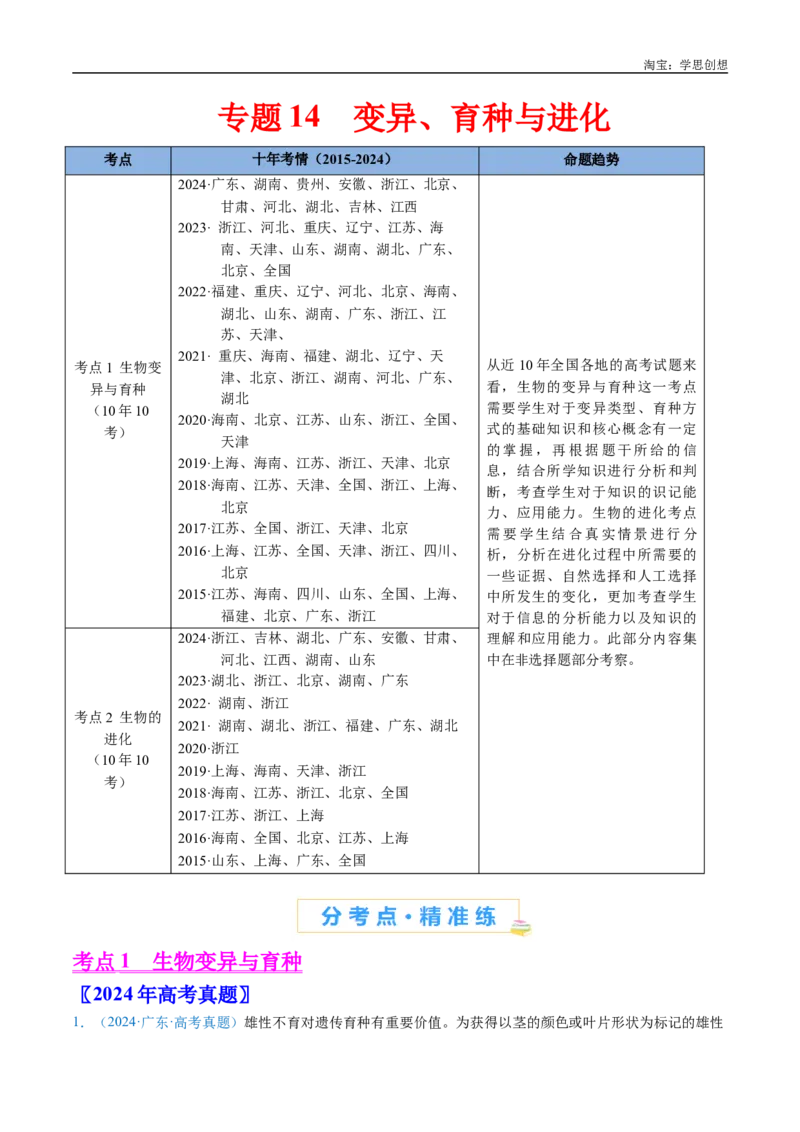 专题14变异、育种与进化-好题汇编十年（2015-2024）高考生物真题分类汇编（全国通用）（解析版）_生物真题汇总_十年（2014-2024）高考生物真题分项汇编（全国通用）