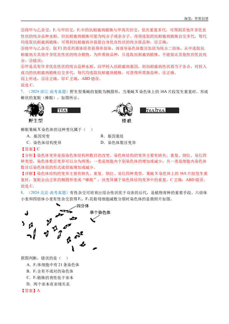 专题14变异、育种与进化-好题汇编十年（2015-2024）高考生物真题分类汇编（全国通用）（解析版）_生物真题汇总_十年（2014-2024）高考生物真题分项汇编（全国通用）