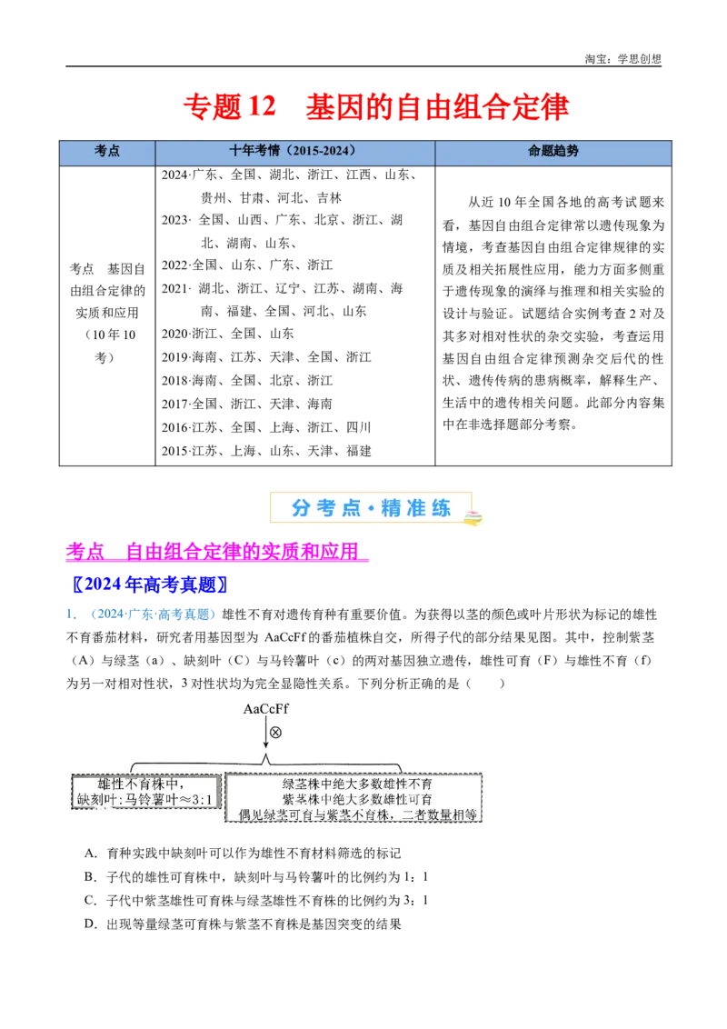 专题12基因的自由组合定律-好题汇编十年（2015-2024）高考生物真题分类汇编（全国通用）（原卷版）_生物真题汇总_十年（2014-2024）高考生物真题分项汇编（全国通用）