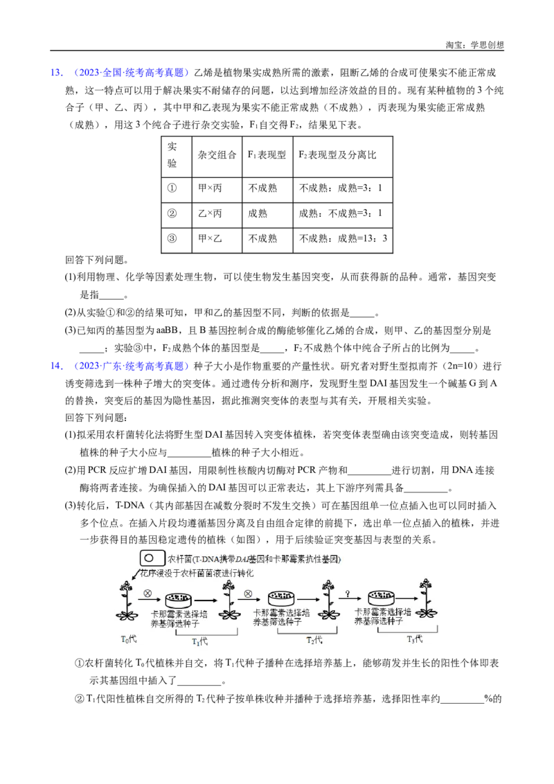 专题12基因的自由组合定律-好题汇编十年（2015-2024）高考生物真题分类汇编（全国通用）（原卷版）_生物真题汇总_十年（2014-2024）高考生物真题分项汇编（全国通用）