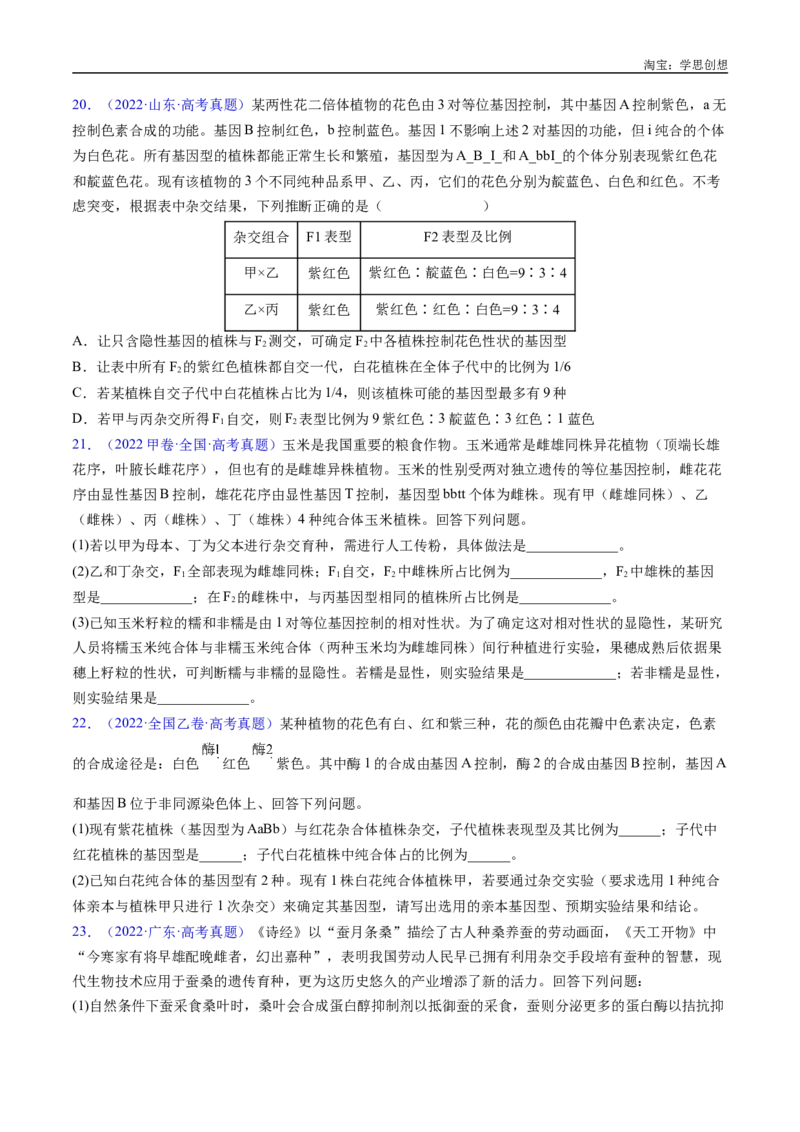 专题12基因的自由组合定律-好题汇编十年（2015-2024）高考生物真题分类汇编（全国通用）（原卷版）_生物真题汇总_十年（2014-2024）高考生物真题分项汇编（全国通用）