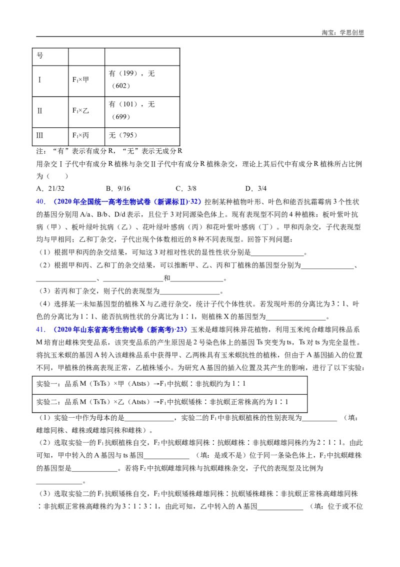 专题12基因的自由组合定律-好题汇编十年（2015-2024）高考生物真题分类汇编（全国通用）（原卷版）_生物真题汇总_十年（2014-2024）高考生物真题分项汇编（全国通用）
