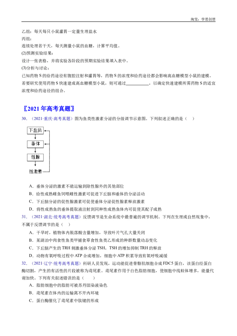 专题18体液调节-好题汇编十年（2015-2024）高考生物真题分类汇编（全国通用）（原卷版）_生物真题汇总_十年（2014-2024）高考生物真题分项汇编（全国通用）